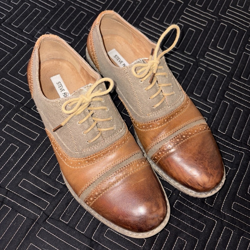 Steve Madden Camrin Brown Leather Canvas Lace Up Oxfords 9‎ Men's Dress Shoes